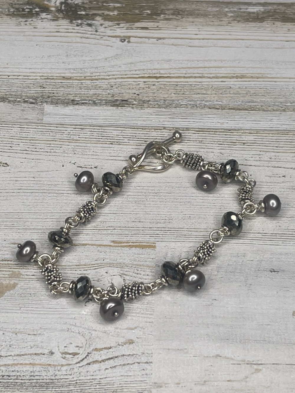 Michael Dawkins Sterling Silver Grey Pearl Pyrite Toggle Bracelet